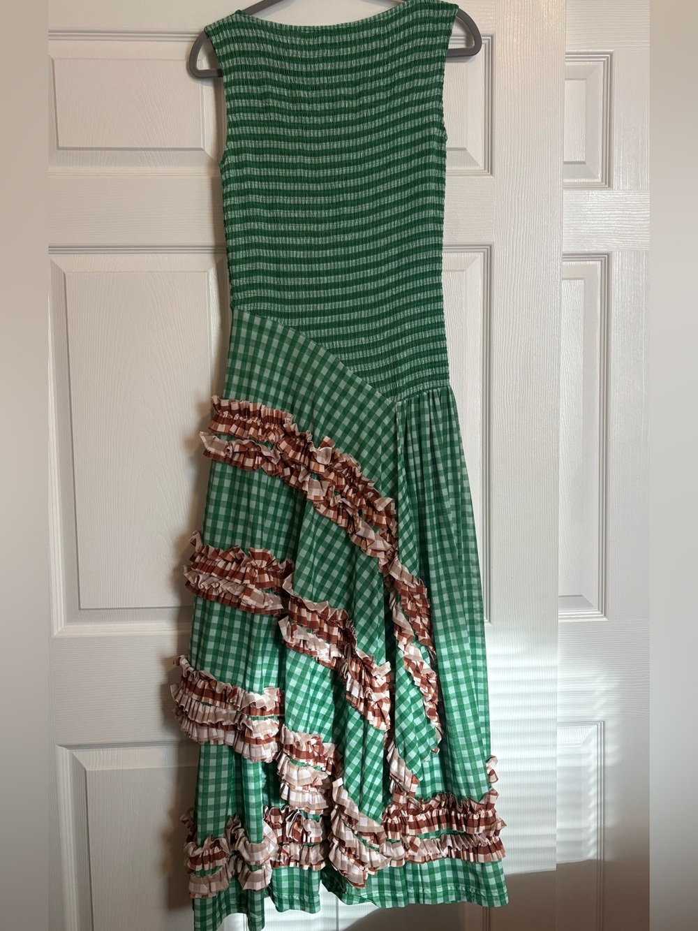 MOLLY GODDARD Green Gingham Asymmetrical Maxi dress with Brown Ruffle Trim